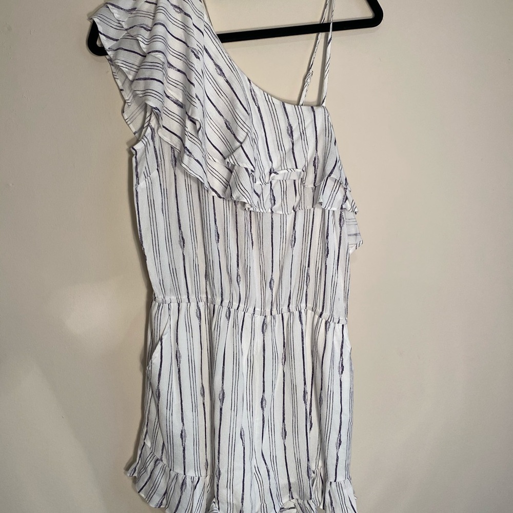 One Shoulder Ruffle Striped Romper